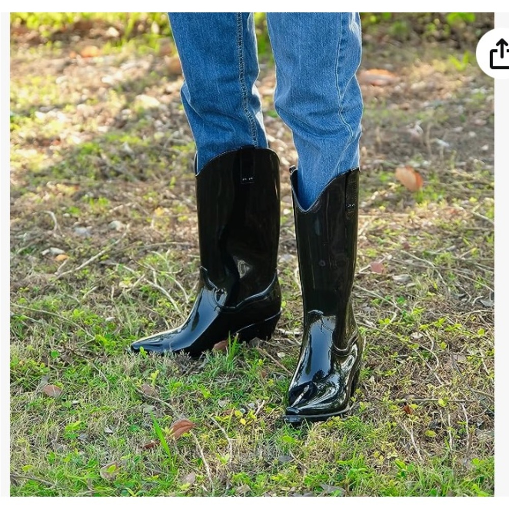 Black Mid Calf Rain And Garden Boots Waterproof Anti-Slip Cowboy Style Size 10